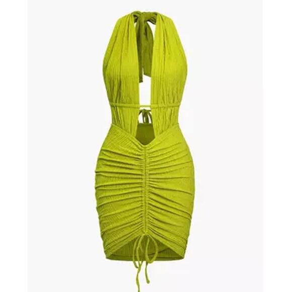 Micas Vacation Solid Cutout Tie Back Drawstring Mini Green Dress Party Large - Picture 1 of 4